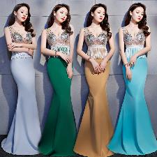 Long Mermaid Evening Dress Real Silk Shining Stones Tassel Open Back wholesale, custom logo printed