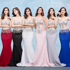 Sexy Transparent Silk Mermaid Actress Model Dress Train Shiny Stones wholesale, custom logo printed