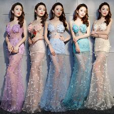 Floor Length Sheer Sexy Mermaid Silk 3D Floral Lace Show Dress wholesale, custom logo printed Floor Length Sheer Sexy Mermaid Silk 3D Floral Lace Show Dress wholesale, custom logo printed